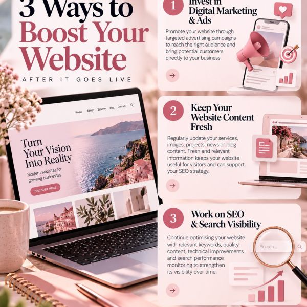 3 Ways to Boost Your Website After It Goes Live

Creating a great website is only the beginning. To generate visibility, traffic and new opportunities, you need to keep working on your digital presence.

1. Invest in Digital Marketing & Ads
Promote your website through targeted advertising campaigns to reach the right audience and bring potential customers directly to your business.

2. Keep Your Website Content Fresh
Regularly update your services, images, projects, news or blog content. Fresh and relevant information keeps your website useful for visitors and can support your SEO strategy.

3. Work on SEO & Search Visibility
Continue optimising your website with relevant keywords, quality content, technical improvements and search performance monitoring to strengthen its visibility over time.

Your website is live. Now make it work for your business.

#navegabem #digitalmarketing #seo #webdesign #onlinegrowth