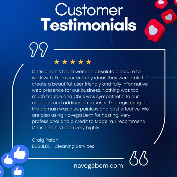 🇬🇧
Chris and his team were an absolute pleasure to work with. From our sketchy ideas, they created a beautiful, user-friendly and fully informative web presence for our business. Nothing was ever too much trouble — Chris was patient, understanding and always willing to adapt to our requests.
The domain registration was simple, quick and cost-effective, and we now also use Navega Bem for hosting.
Truly professional and a credit to Madeira. I highly recommend Chris and his team.

Craig Paton
BUBBLES – Cleaning Services

🇵🇹
O Chris e a sua equipa foram um verdadeiro prazer com quem trabalhar. A partir das nossas ideias pouco claras, conseguiram criar uma presença online bonita, intuitiva e totalmente informativa para o nosso negócio. Nada foi um problema — o Chris mostrou sempre paciência, compreensão e total disponibilidade para ajustar tudo o que pedimos.
O registo do domínio foi simples, rápido e económico, e também utilizamos agora a Navega Bem para alojamento.
Profissionais exemplares e um verdadeiro orgulho da Madeira. Recomendo o Chris e a sua equipa sem hesitação.

► http://www.navegabem.com
+Info: Link in the BIO
.
#navegabem #webdesign #designwebmadeira #criacaodesites #uxdesign #presencadigital #identidadevisual #joomla #siteprofissional #empreendedorismofunchal #negociosonline #agenciadigital #marketingdigital #portfoliowebdesign #clienttestimonial #review #feedback #madeira #webdesignagency