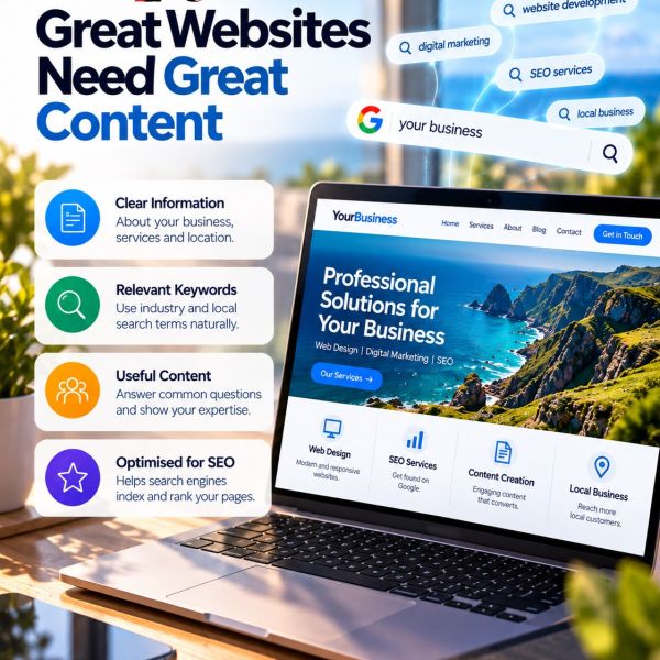 Great Websites Need Great Content
A well-designed website is only the beginning. The right content helps search engines understand what your business offers and connects your website with the people searching for those services.
For stronger SEO, your content should clearly describe your business, services and location, while naturally including relevant industry keywords, competitive search terms and the questions your potential customers are actually searching for.
Good content should be written for people first, while giving search engines the information they need to understand and index your website.
Great design gets attention. Great content helps you get found.

#seo #webcontent #webdesign #searchengineoptimization #navegabem