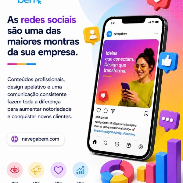 As redes sociais são uma das maiores montras da sua empresa.

Conteúdos profissionais, design apelativo e uma comunicação consistente fazem toda a diferença para aumentar notoriedade e conquistar novos clientes.

Transforme seguidores em clientes.

👉 navegabem.com

#socialmedia #marketingdigital #design #branding #empresas
